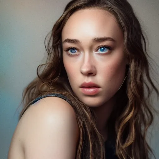 Image similar to alycia debnam carey standing while posing for a photo, award winning photography, HDR, studio lighting, dynamic pose, medium close shot, shot on Canon EOS R5, f/2.5,