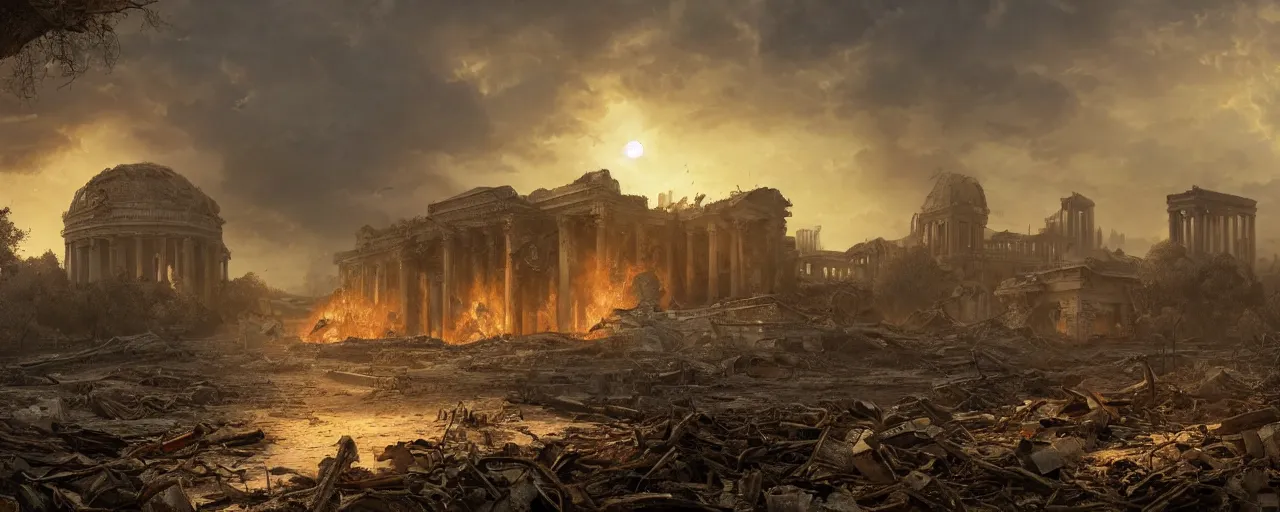 Image similar to A beautiful hyper realistic detailed matte painting of the destroyed Capitolium|post-apocalyptic landscape at sunrise| a lot of debris and small bushes and trees on fire|by John Howe and Andreas Rocha and Martin Johnson Heade and Albert Bierstadt, Fallout style|unreal engine, trending on artstation, golden ratio, rectilinear