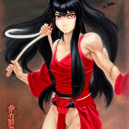 Image similar to portrait of a muscular female fighting shrine maiden miko with long flowing black hair wearing a red hakama over a black leotard, by ross tran, frank frazetta, and tony diterlizzi