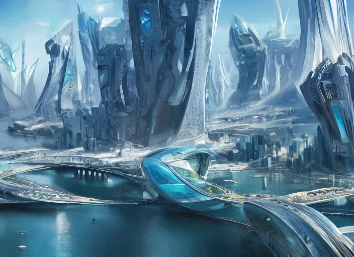 Image similar to a futuristic city surrounded by water and mountains with bridges over water, a detailed matte painting by Jon McCoy and Zaha Hadid, trending on cgsociety, retrofuturism, matte painting, concept art, artstation