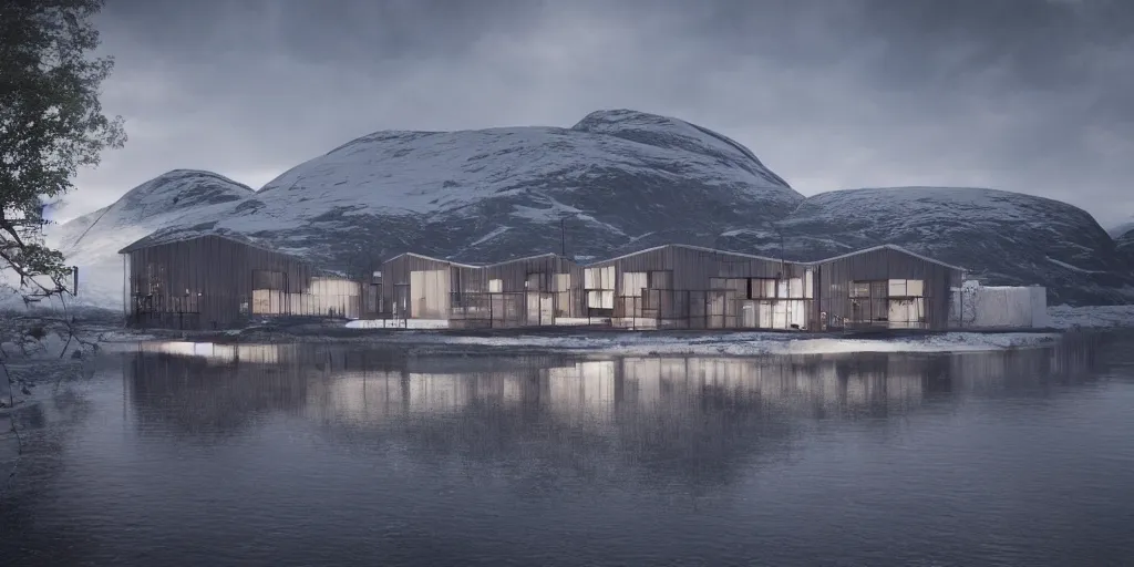 Prompt: a cinematic hyper - real render of norwegian architecture