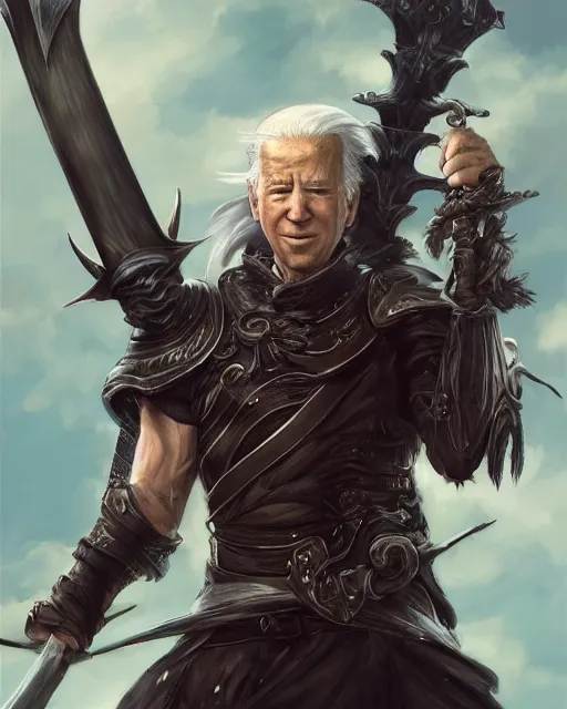 Image similar to A full-body anime portrait of Joe Biden with crazy hair holding a huge sword from Skyrim, by Stanley Artgerm Lau, WLOP, Rossdraws, James Jean, Andrei Riabovitchevy, Marc Simonetti, and Sakimichan, trending on artstation