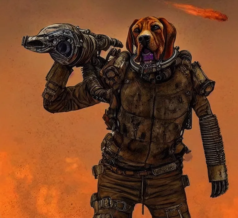 Image similar to a good ol'bloodhound pup fursona ( from the furry fandom ), heavily armed and armored facing down armageddon in a dark and gritty version from the makers of mad max : fury road. witness me.