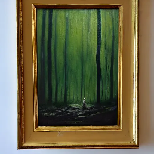 Image similar to a ghost in the forest oil painting