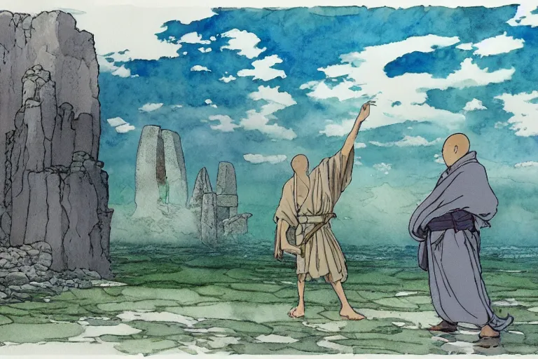 Image similar to a hyperrealist studio ghibli watercolor fantasy concept art. in the foreground is a giant monk in a grey robe lifting a stone. in the background is stonehenge. the scene is underwater on the sea floor. by rebecca guay, michael kaluta, charles vess