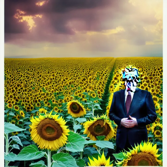 Image similar to photo portrait of Putin in sunflower field, dressed in leisure shirt with ornamental ethereal sunflower pattern, natural skin tone, raging war and explosions in the background, face is naturally detailed, elegant, Realistic, Refined, Highly Detailed, natural soft pastel lighting colors scheme, fine art photography by Cecil Beaton, volumetric lighting, hyper realistic photography