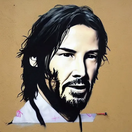 Image similar to Street-art portrait of Keanu Reeves in style of Banksy, photorealism