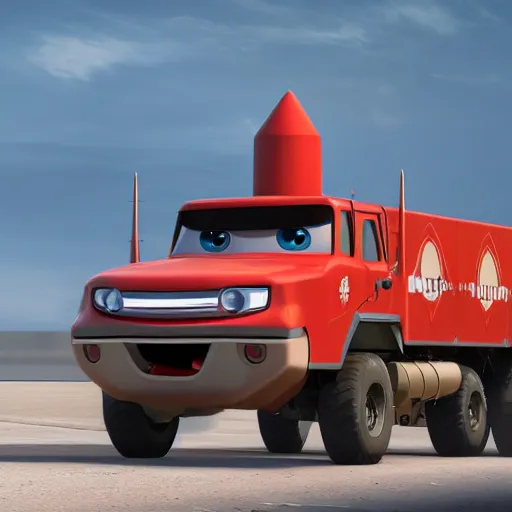 Image similar to HIMARS multiple rockets launch system, Pixar Cars character concept artwork, 3d concept, high detail iconic character, 8k octane render