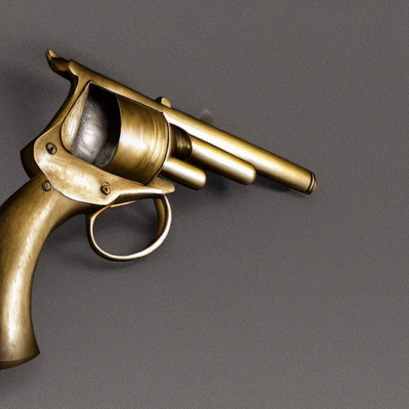 Image similar to a 4 k photorealistic photo medium shot of a bronze statue of a revolver gun.