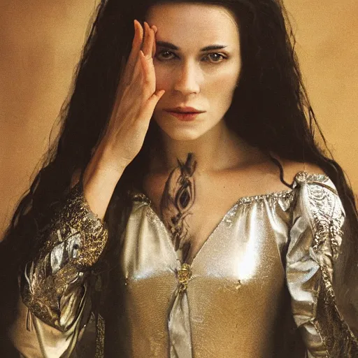 Prompt: a realistic portrait closeup 5 0 mm studio photograph by annie leibowitz of morgan le fay, a powerful and ambiguous enchantress of legend.