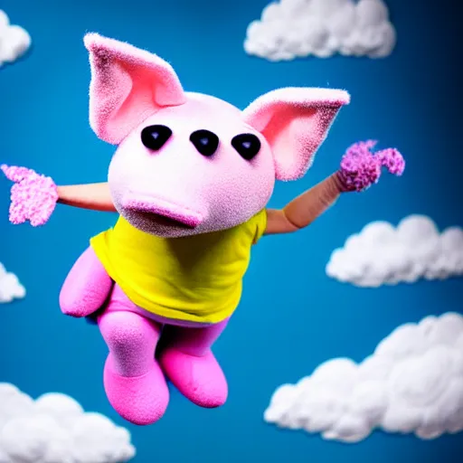 Image similar to studio photograph of a flying pig with unicorn horn depicted as a muppet in a blue sky with cotton ball clouds