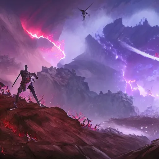 Image similar to a duel between 2 ninja armies standing in the ruins of crux prime, destroyed monastery, purple fiery maelstrom in the distance, digital art, artstationhq