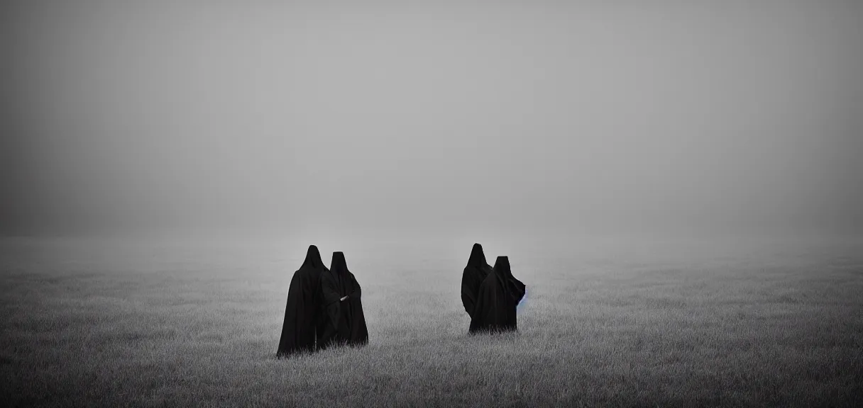 Prompt: Long Shot (LS) vintage black and white photo group of people dressing in white robes wearing white masks standing in the field, cinematic lighting, cinematic composition, cinematic atmosphere, misty foggy. Vogue photography Sigma 150-600mm f/5-6.3 lens, still winning photograph from a thriller movie.