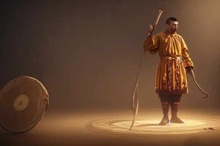 Image similar to theatre stage, romanian man in traditional romanian clothing with scythe, people, traditional romanian clothing, concept art, dramatic lighting, beautiful, volumetric lighting, colorful, octane render