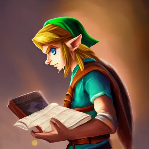 Image similar to link from legend of zelda reading the bible, trending on artstation