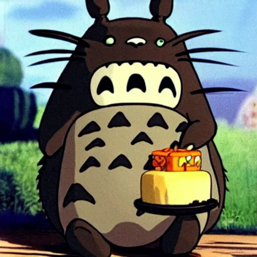 Image similar to totoro, smiling, holding a birthday cake, saying happy birthday!, studio ghibli