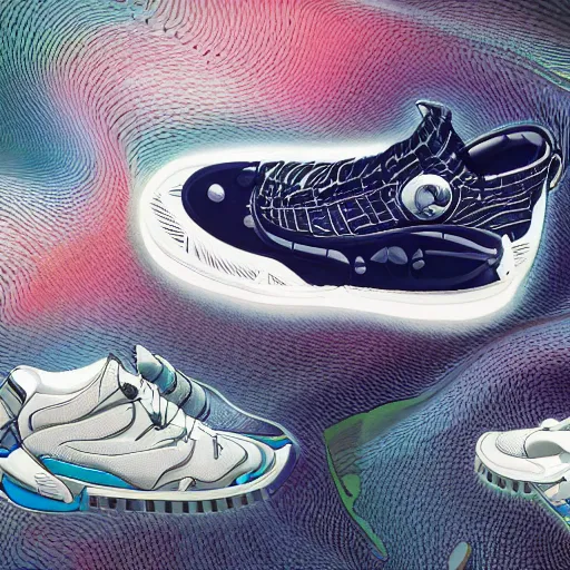 Image similar to Ultra detailed sneakers designed by Hayao Miyazaki, superresolution, HDR, futuristic sneakers