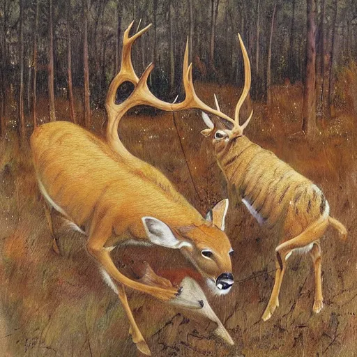 Image similar to a painting of deer in tiger skin and tiger in deer skin facing each other, their heads bowed towards ground by esao andrews