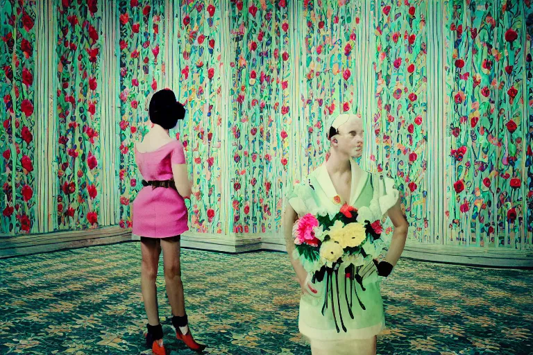 Image similar to giant flower head, girl standing in 1 9 6 0 s hotel, surreal photography, symmetry, mid century, liminal space, bright colours, wes anderson