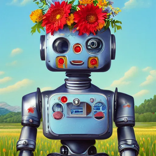 Image similar to a ultradetailed beautiful panting of a robot with flowers growing from the top, by alex gross, trending on artstation