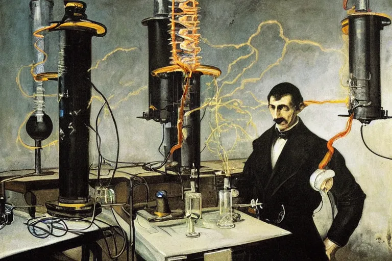 Prompt: Nikola Tesla in his science electric laboratory, with arms open between two tesla coils working, ultra detailed painting, wide angle lens, painted by Gustave Courbet