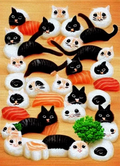 Image similar to clear photorealistic picture of adorable cats made out of sushi