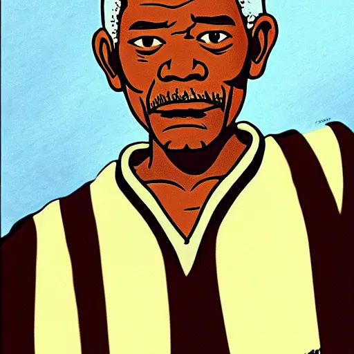 Prompt: Morgan Freeman in Avatar: the last airbender, designed by Bryan Konietzko