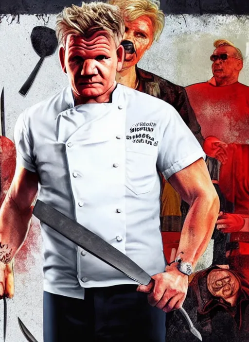 Image similar to Gordon Ramsay Holding a butchers knife in the style of GTA Artwork