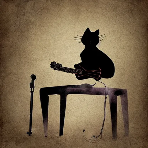 Image similar to skeleton wearing headphones watching girl playing guitar with her black cat standing next to her, digital art