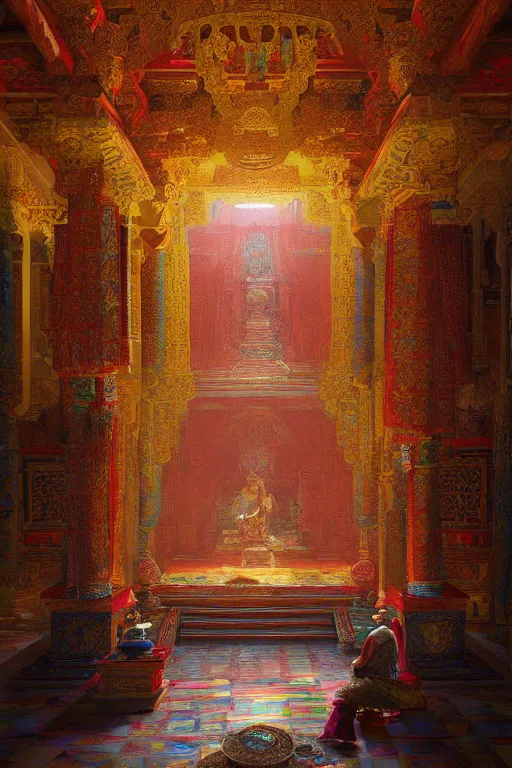 Image similar to inside a Tibetan monastery, powerfull, intricate, elegant, volumetric lighting, digital painting, highly detailed, artstation, sharp focus, illustration, concept art, ruan jia, steve mccurry