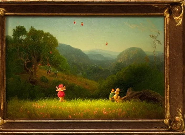 Image similar to american realist romanticism landscape painting of winnie the pooh characters at night, night time, colorful paper lanterns, in the style of hudson river school and thomas cole and albert bierstadt and robert duncanson and vincent van gogh