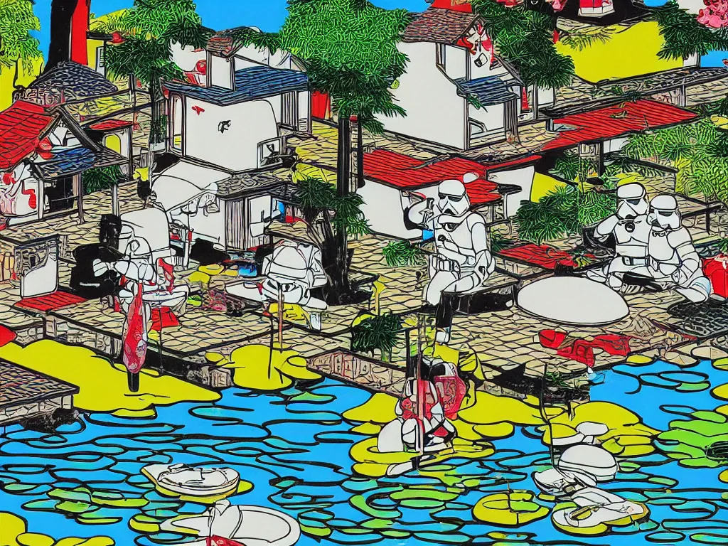 Image similar to close - up image of a japanese house with a pond, stormtroopers sitting around it, in style of pop - art, andy warhol, roy lichtenstein, jackie tsai, bright and saturated palette, acrylic on canvas