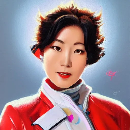 Prompt: Portrait painting Miki matsubara wearing a jacket and a collar, as an Overwatch character, medium shot, asymmetrical, profile picture, Organic Painting, sunny day, Matte Painting, bold shapes, hard edges, street art, trending on artstation, by Huang Guangjian and Gil Elvgren and Sachin Teng