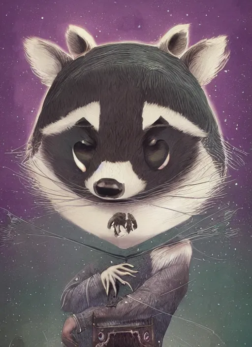 Image similar to a fantasy illustration portrait of an anthropomorphic raccoon mage, by victo ngai, by stephen gammell, by george ault, in the style of animal crossing, artstation