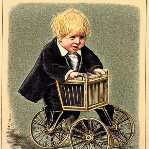 Image similar to victorian medical illustration of boris johnson as a baby in a pram