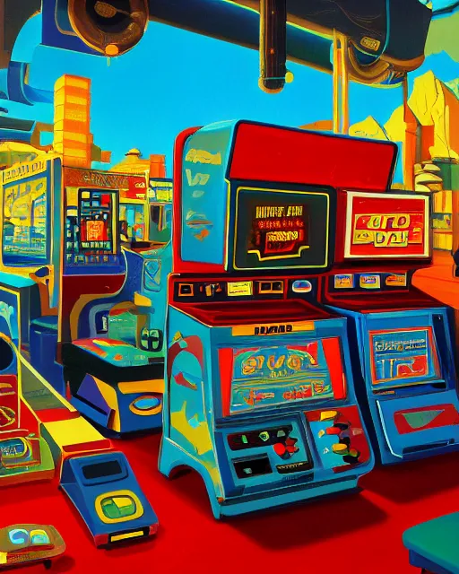 Image similar to arcade start screen. retro technology, vintage colors and shapes, wayne barlow, oil on canvas, deep depth of field, masterpiece, cinematic composition, hyperdetailed
