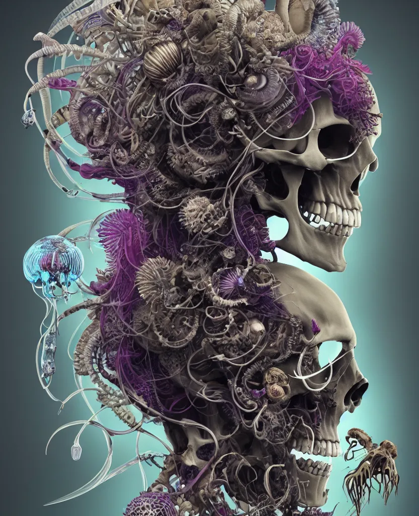 Image similar to goddess close-up portrait skull with mohawk, ram skull, skeleton, thorax, x-ray, backbone, jellyfish phoenix head, nautilus, orchid, skull, betta fish, bioluminiscent creatures, intricate artwork by Tooth Wu and wlop and beeple. octane render, trending on artstation, greg rutkowski very coherent symmetrical artwork. cinematic, hyper realism, high detail, octane render, 8k