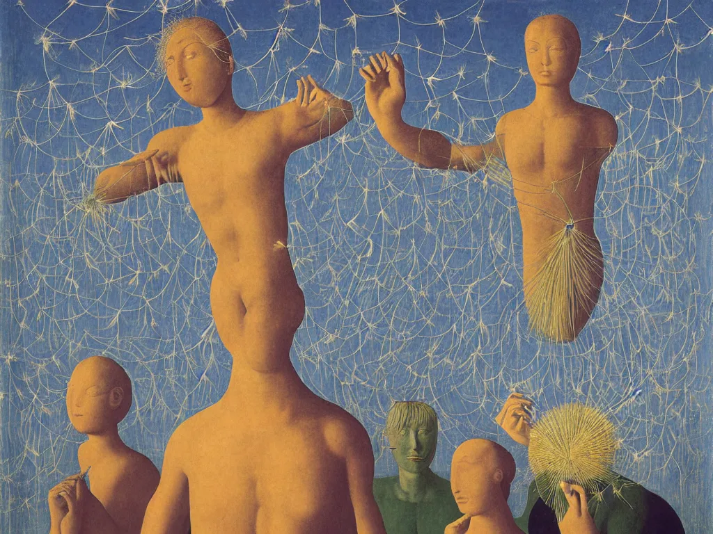 Prompt: Delicate hands holding a jug in front of giant Glowing Dandelion seed storm, African god mask fountainhead windswept. Torso of a woman. Painting by Rene Magritte, Piero della Francesca, Jean Delville, Max Ernst, Maria Sybilla Merian