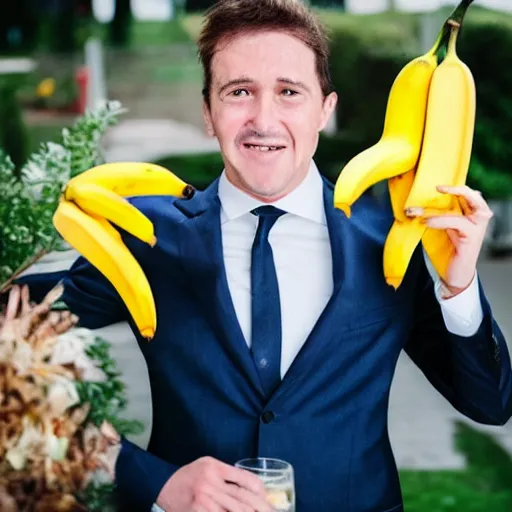 Image similar to banana head, a man wearing a suit banana head