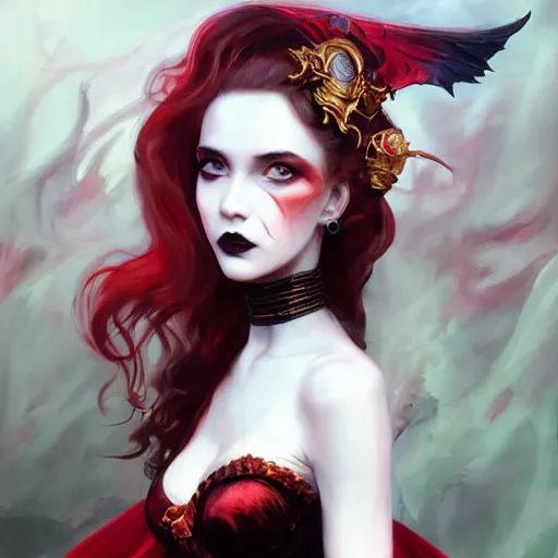 Prompt: A masterpiece portrait of a royal baroque goddes goth red devil succub girl with demon wings. , trending on artstation, digital art, by Stanley Artgerm Lau, WLOP, Rossdraws, James Jean, Andrei Riabovitchev, Marc Simonetti, Yoshitaka Amano