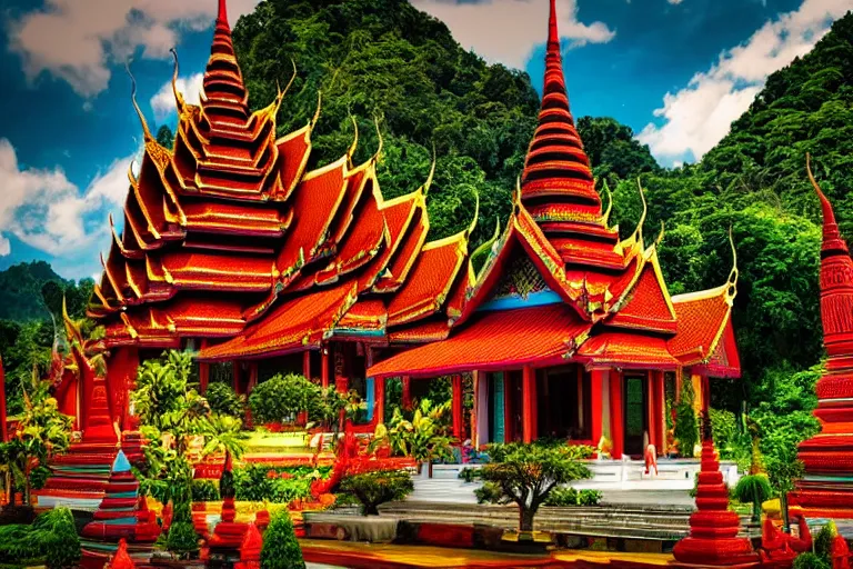 Image similar to summer morning, thai temple, rolling mountain, very coherent and colorful high contrast, art, dark shadows, hard lighting