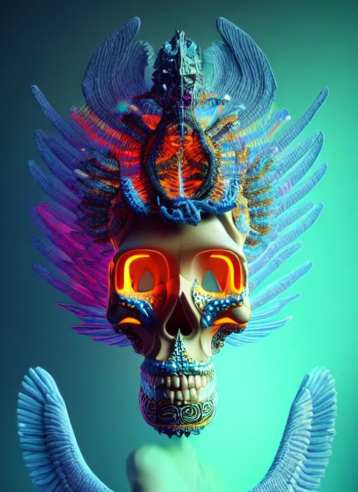 Image similar to a wlop 3 d render of goddess, 8 k micro details beautiful intricate highly detailed quetzalcoatl skull and feathers. bioluminescent, fire, snow, thunderstorm! artwork by tooth wu and wlop and beeple and greg rutkowski, trending on artstation,