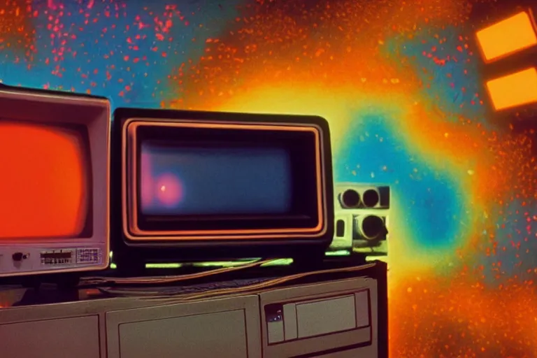 Image similar to toaster emerging from a space portal in cyberspace, fractal, in 1 9 8 5, y 2 k cutecore clowncore, bathed in the glow of a crt television, crt screens in background, low - light photograph, in style of tyler mitchell