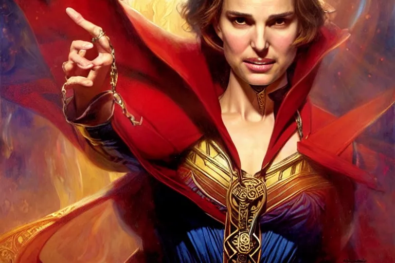 Image similar to natalie portman as doctor strange, character design, painting by gaston bussiere, craig mullins, j. c. leyendecker,