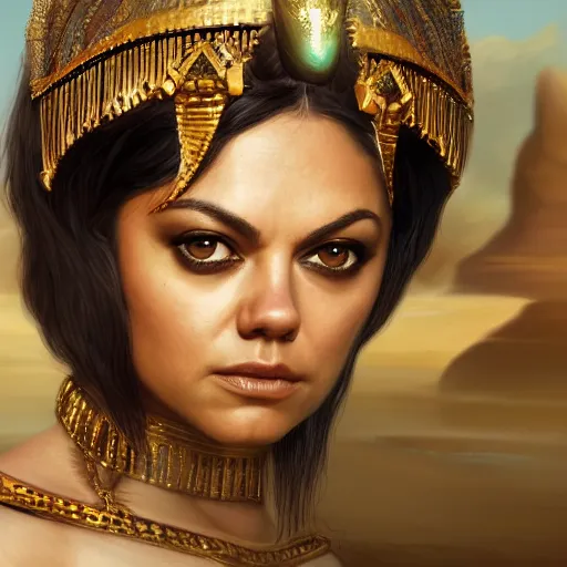 Image similar to closeup portrait of a mila kunis leigh as cleopatra, palace background, dramatic light, gorgeous view, depth, high detail, digital art, painted by greg rutkowski, trending on artstation