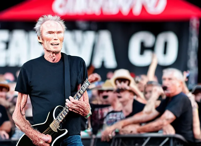 Image similar to photo still of clint eastwood on stage at vans warped tour!!!!!!!! at age 6 8 years old 6 8 years of age!!!!!!!! in a gran torino, 8 k, 8 5 mm f 1. 8, studio lighting, rim light, right side key light