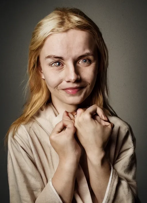 Image similar to homely but adorable blonde woman, underweight, deep scars across left cheek, wearyworn but optimistic expression, wearing beige pajamas and robes