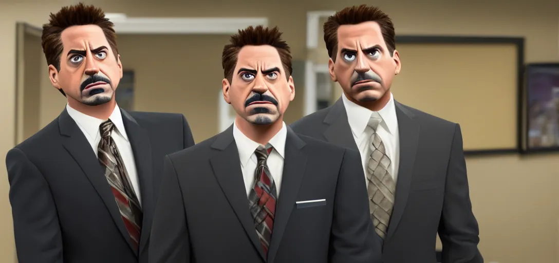 Image similar to a very high resolution image of tony stark with micheal scott. from an episode of the office. photorealistic, photography