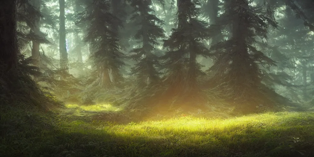 Prompt: a forest, highly detailed oil painting, hyperrealism, perfect lighting, Studio Ghibli, Jessica Rossier, digital art, octane render, beautiful composition, trending on artstation, masterpiece