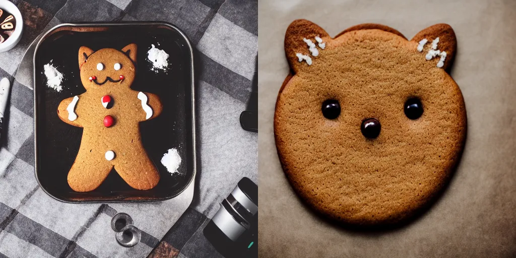 Prompt: gingerbread cookie shaped like a cat on a baking pan, dslr, photography